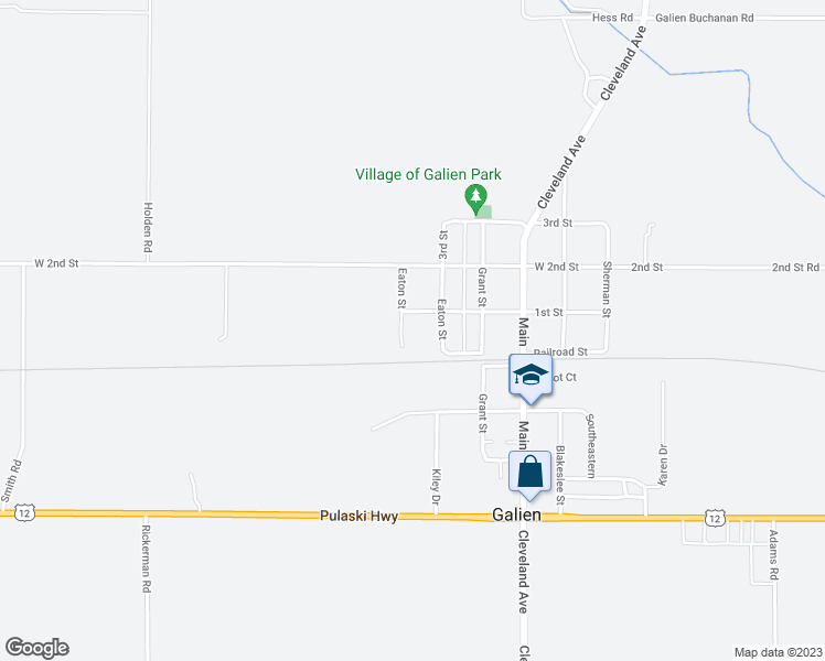 map of restaurants, bars, coffee shops, grocery stores, and more near 101 Eaton Street in Galien