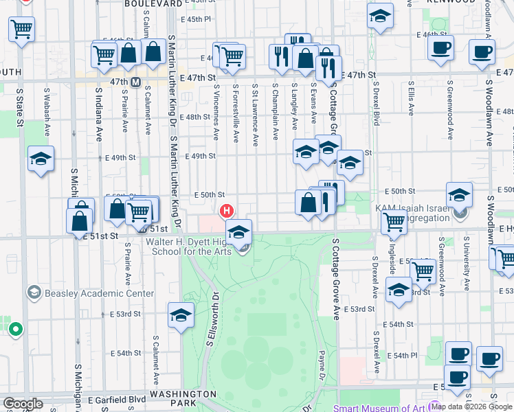 map of restaurants, bars, coffee shops, grocery stores, and more near 546 East 50th Place in Chicago
