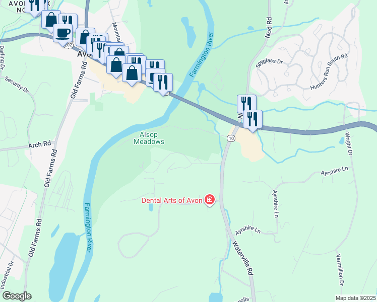 map of restaurants, bars, coffee shops, grocery stores, and more near 100 Rivermead in Avon