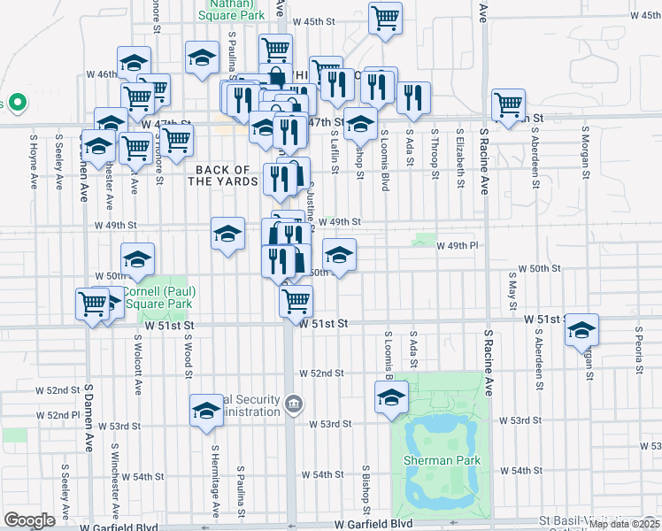 map of restaurants, bars, coffee shops, grocery stores, and more near 4952 South Laflin Street in Chicago