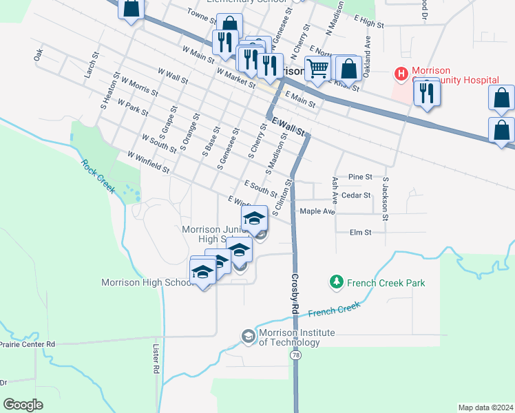 map of restaurants, bars, coffee shops, grocery stores, and more near 510 South Madison Street in Morrison
