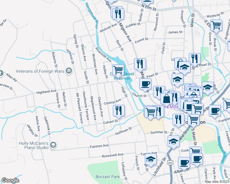 map of restaurants, bars, coffee shops, grocery stores, and more near 47 Washington Avenue in Torrington