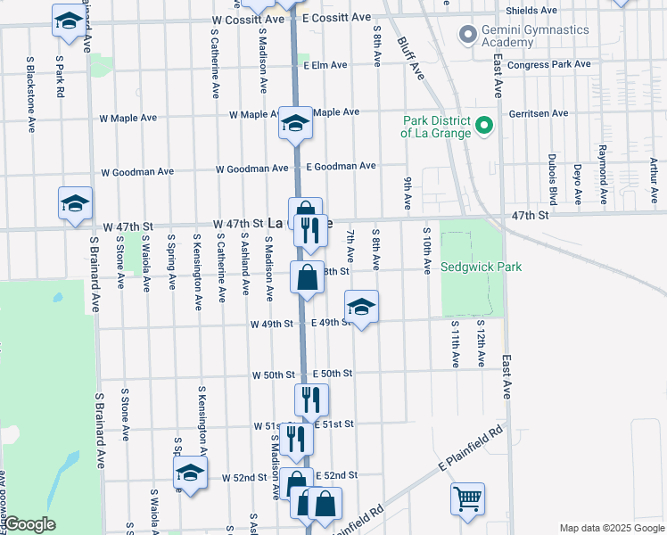 map of restaurants, bars, coffee shops, grocery stores, and more near 546 7th Avenue in La Grange