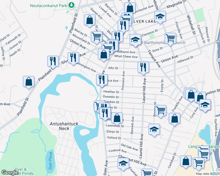 map of restaurants, bars, coffee shops, grocery stores, and more near 25 Maplewood Avenue in Cranston