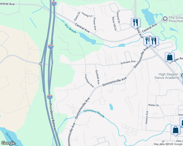 map of restaurants, bars, coffee shops, grocery stores, and more near 9 Maria Circle in Johnston