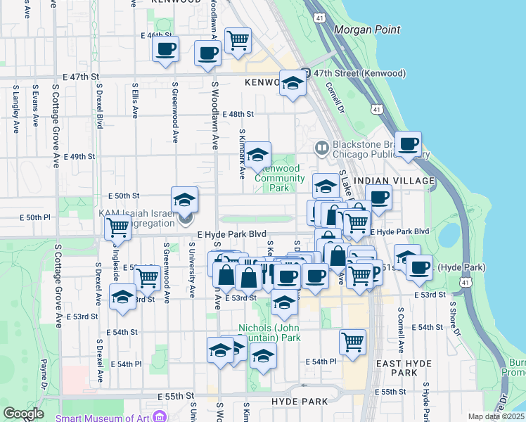 map of restaurants, bars, coffee shops, grocery stores, and more near 1326 East Madison Park in Chicago
