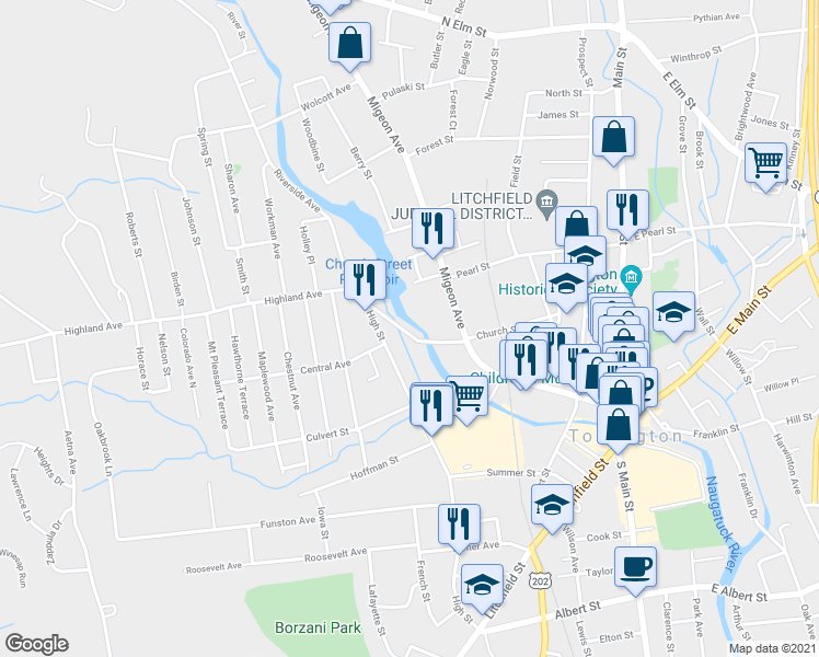 map of restaurants, bars, coffee shops, grocery stores, and more near 310 Church Street in Torrington
