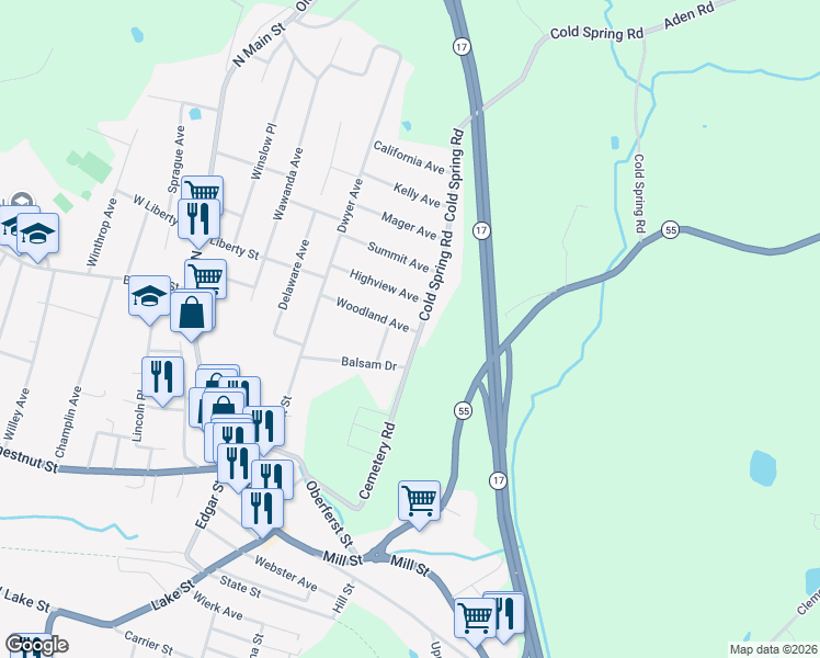 map of restaurants, bars, coffee shops, grocery stores, and more near 37 Woodland Avenue in Liberty