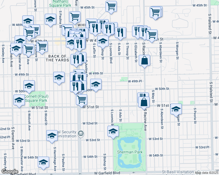 map of restaurants, bars, coffee shops, grocery stores, and more near 4952 South Loomis Boulevard in Chicago