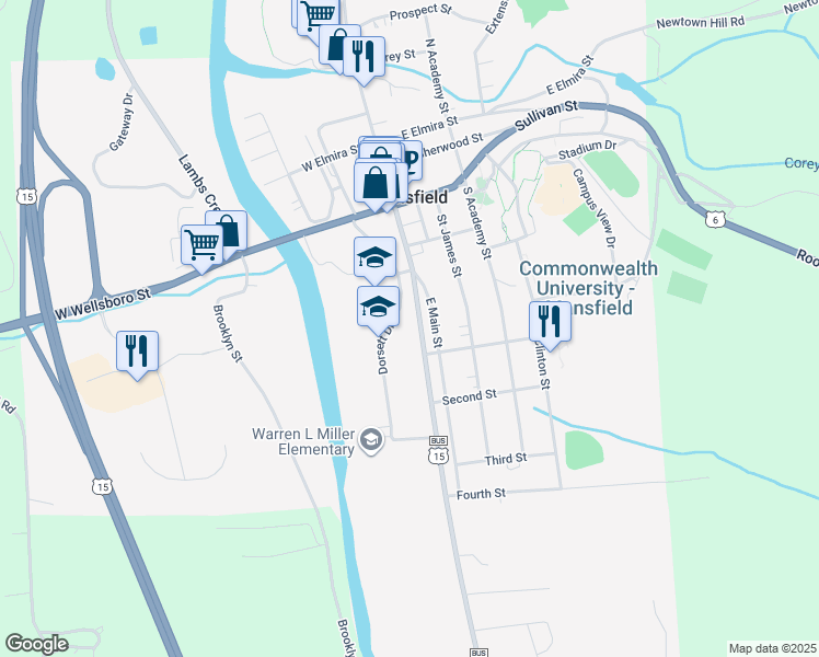 map of restaurants, bars, coffee shops, grocery stores, and more near 130 South Main Street in Mansfield