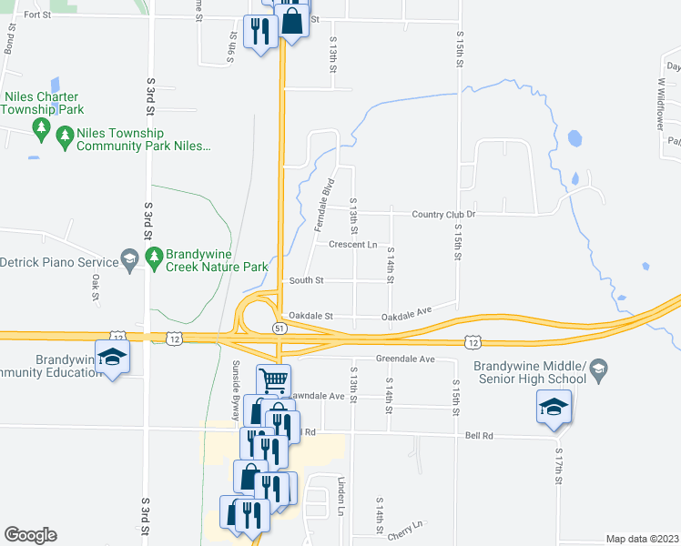 map of restaurants, bars, coffee shops, grocery stores, and more near 1141 South Street in Niles