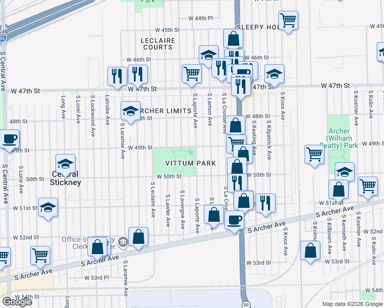 map of restaurants, bars, coffee shops, grocery stores, and more near 4908 S Laporte Ave in Chicago
