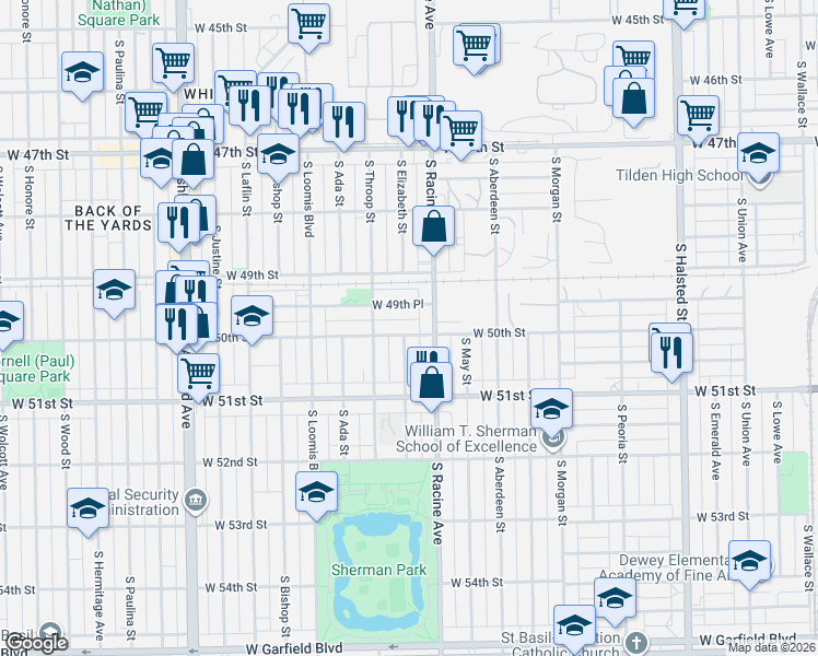 map of restaurants, bars, coffee shops, grocery stores, and more near 1224 West 50th Street in Chicago