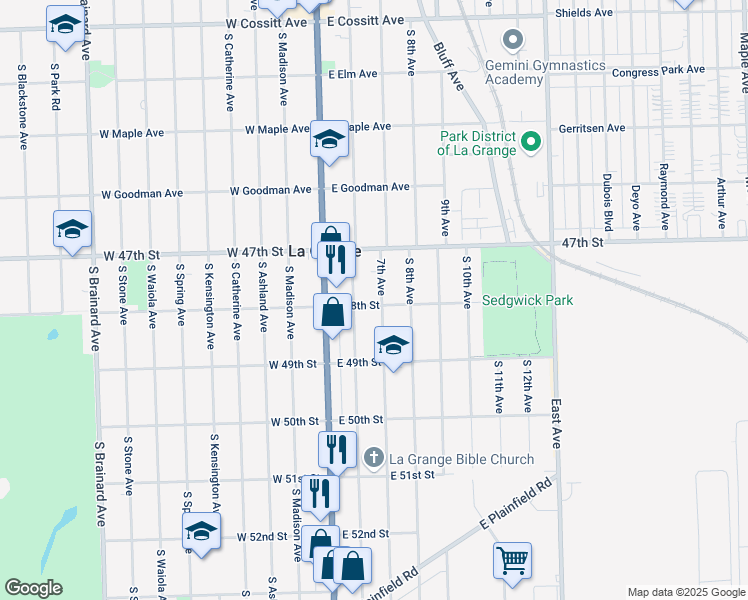 map of restaurants, bars, coffee shops, grocery stores, and more near 546 7th Avenue in La Grange