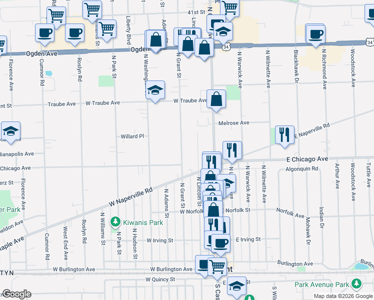 map of restaurants, bars, coffee shops, grocery stores, and more near 313 North Grant Street in Westmont