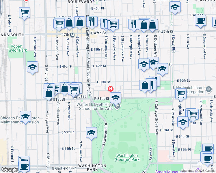 map of restaurants, bars, coffee shops, grocery stores, and more near 5013 South Vincennes Avenue in Chicago