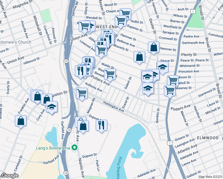 map of restaurants, bars, coffee shops, grocery stores, and more near 14 Calhoun Avenue in Providence