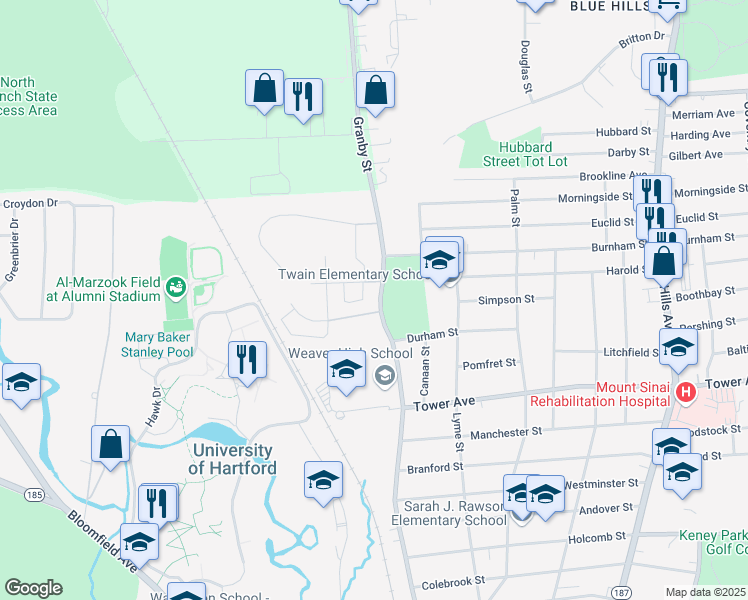 map of restaurants, bars, coffee shops, grocery stores, and more near 423 Granby Street in Hartford