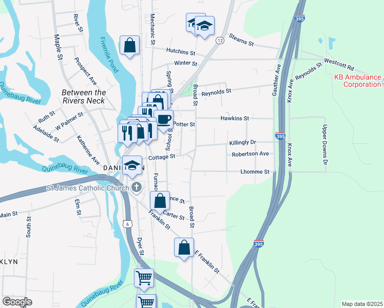 map of restaurants, bars, coffee shops, grocery stores, and more near 117 Cottage Street in Killingly