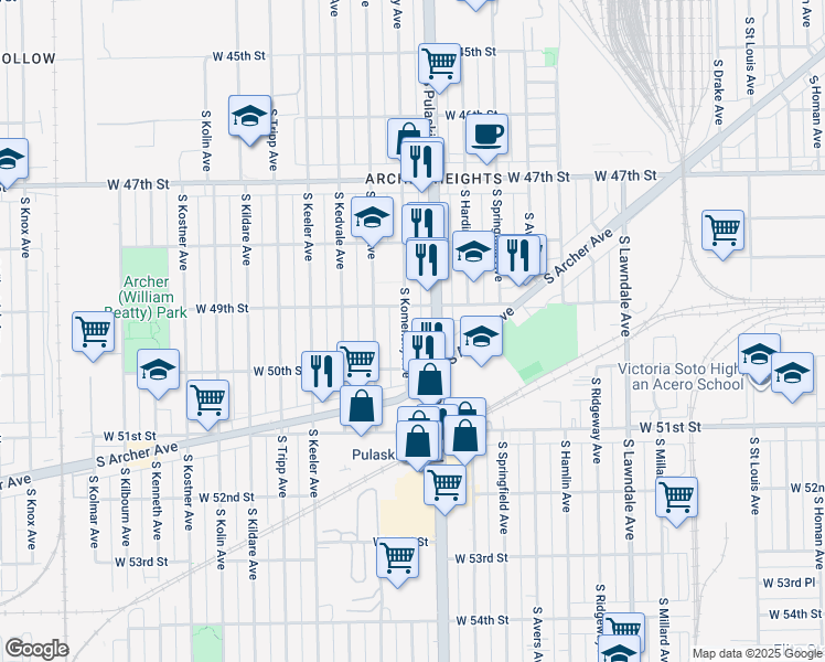 map of restaurants, bars, coffee shops, grocery stores, and more near 4923 South Komensky Avenue in Chicago