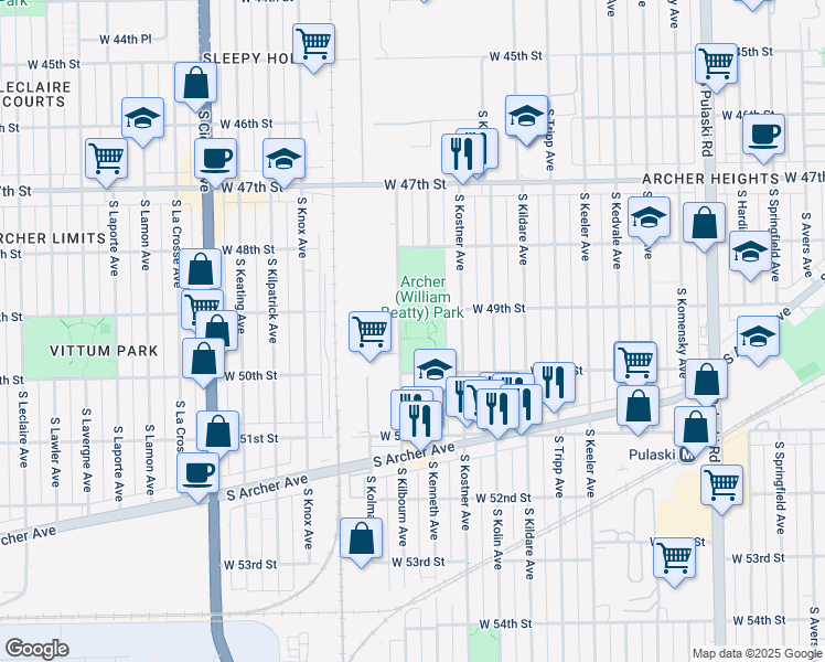 map of restaurants, bars, coffee shops, grocery stores, and more near 4901 South Kilbourn Avenue in Chicago