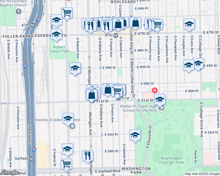 map of restaurants, bars, coffee shops, grocery stores, and more near 5010 South Prairie Avenue in Chicago
