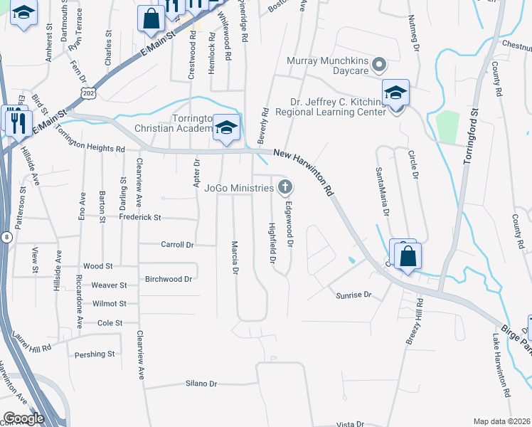 map of restaurants, bars, coffee shops, grocery stores, and more near 79 Highfield Drive in Torrington