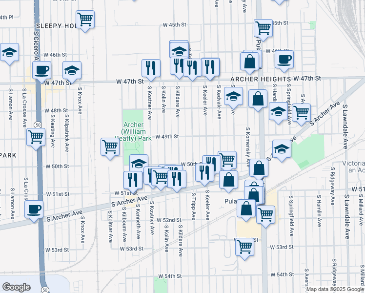 map of restaurants, bars, coffee shops, grocery stores, and more near 4919 South Kildare Avenue in Chicago
