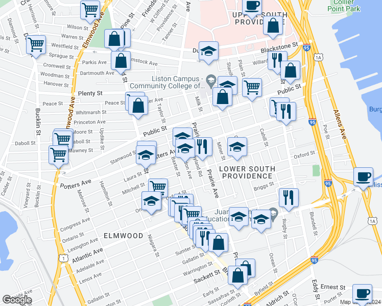 map of restaurants, bars, coffee shops, grocery stores, and more near 9 Croyland Road in Providence