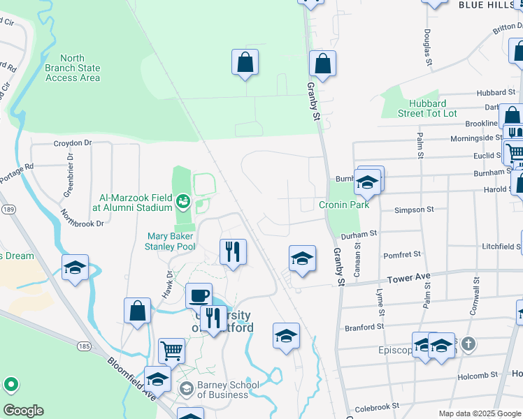 map of restaurants, bars, coffee shops, grocery stores, and more near 99 Nahum Drive in Hartford