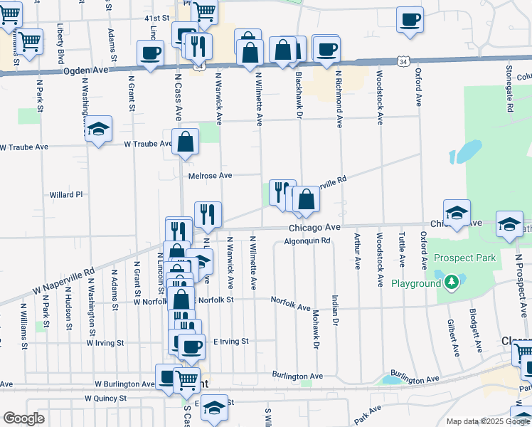 map of restaurants, bars, coffee shops, grocery stores, and more near 309 North Wilmette Avenue in Westmont