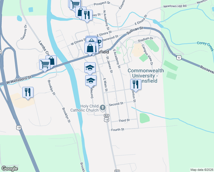 map of restaurants, bars, coffee shops, grocery stores, and more near 63 East Main Street in Mansfield