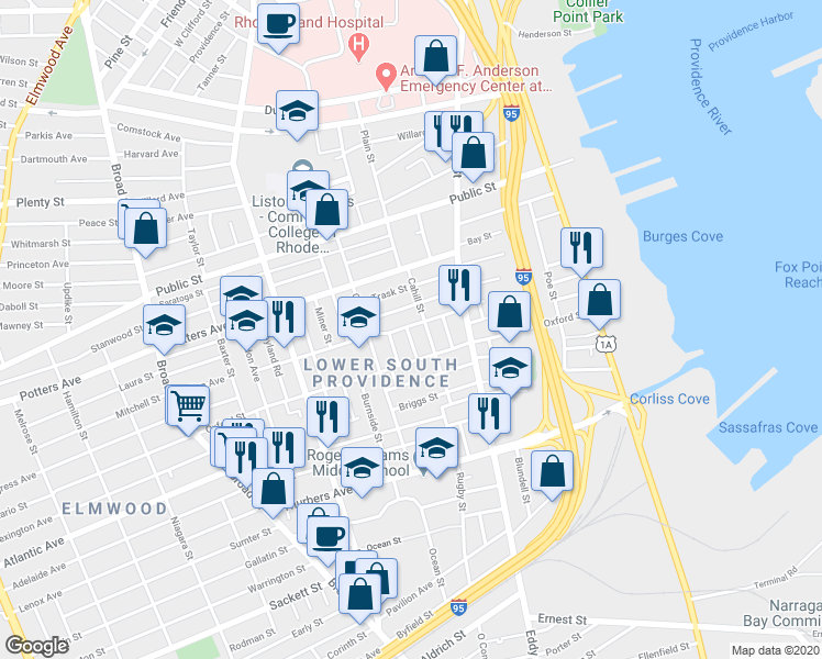 map of restaurants, bars, coffee shops, grocery stores, and more near 286 Sayles Street in Providence