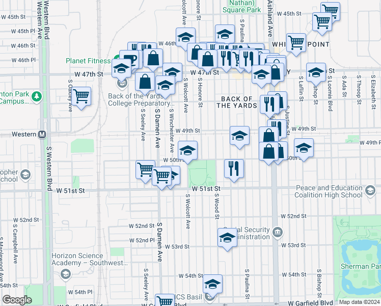map of restaurants, bars, coffee shops, grocery stores, and more near 4947 South Wolcott Avenue in Chicago
