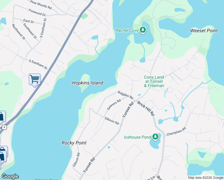 map of restaurants, bars, coffee shops, grocery stores, and more near 25 Ruggles Road in Orleans