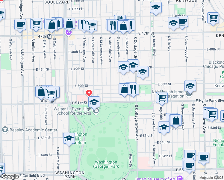 map of restaurants, bars, coffee shops, grocery stores, and more near 5015 South Champlain Avenue in Chicago