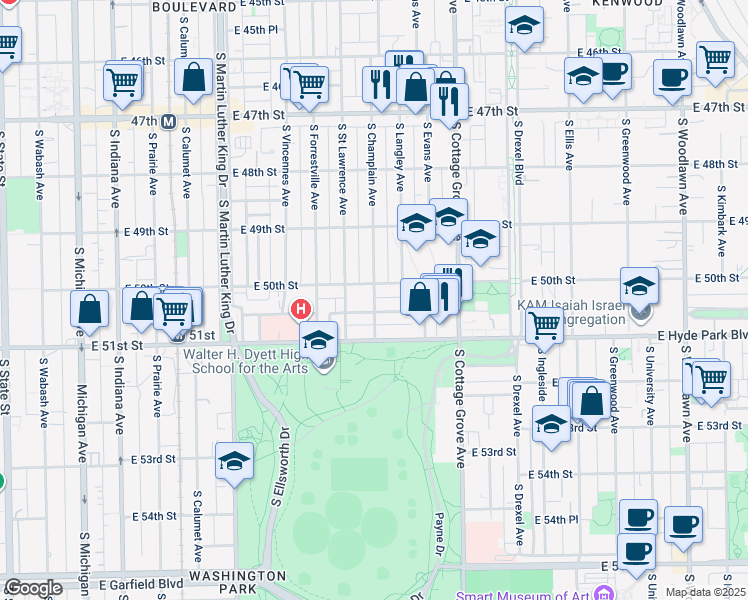map of restaurants, bars, coffee shops, grocery stores, and more near 5015 South Champlain Avenue in Chicago