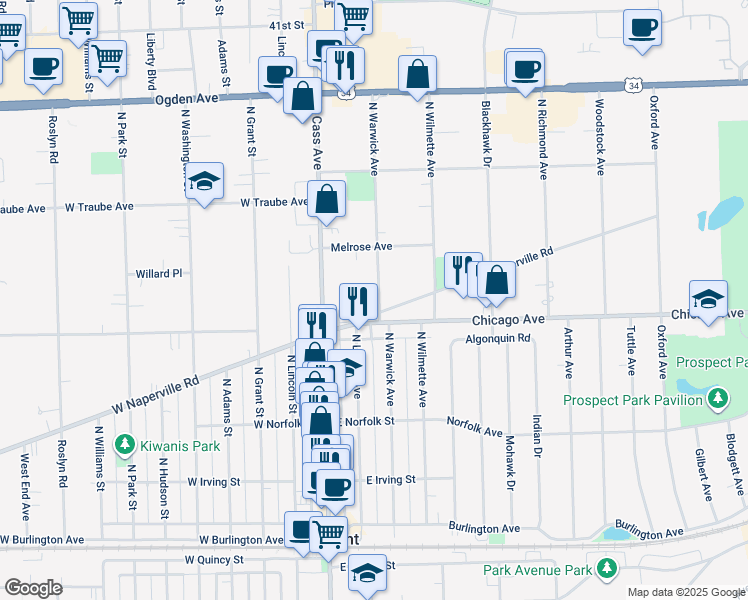 map of restaurants, bars, coffee shops, grocery stores, and more near 98 East Naperville Road in Westmont