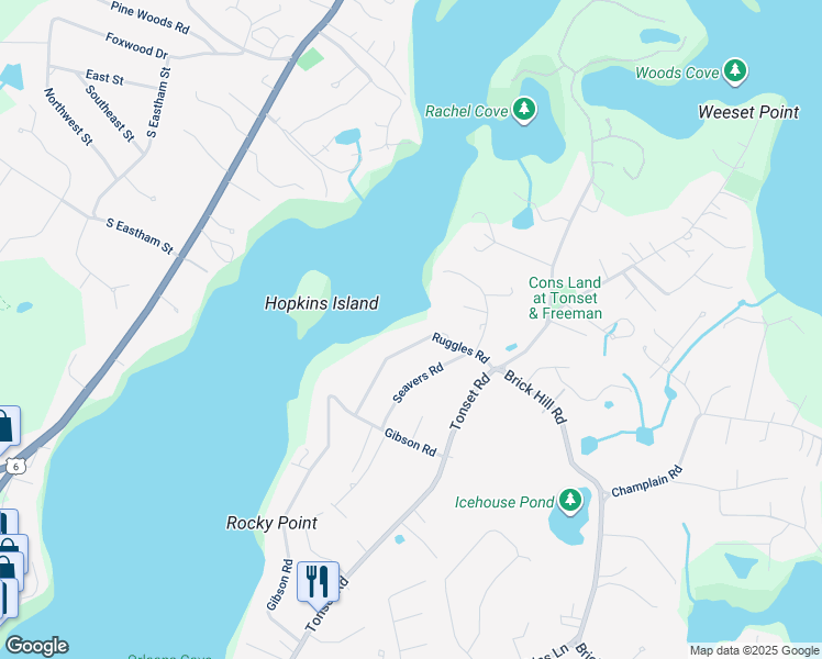 map of restaurants, bars, coffee shops, grocery stores, and more near 21 Ruggles Road in Orleans
