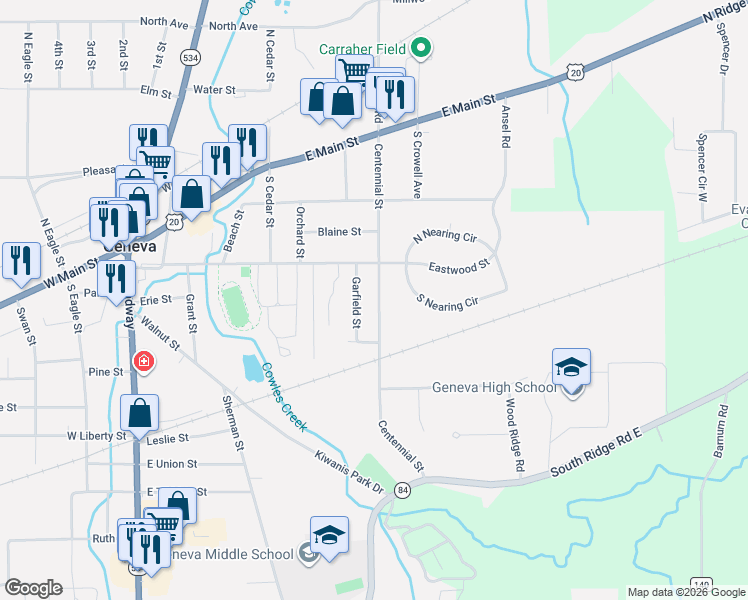 map of restaurants, bars, coffee shops, grocery stores, and more near 380 Centennial Street in Geneva