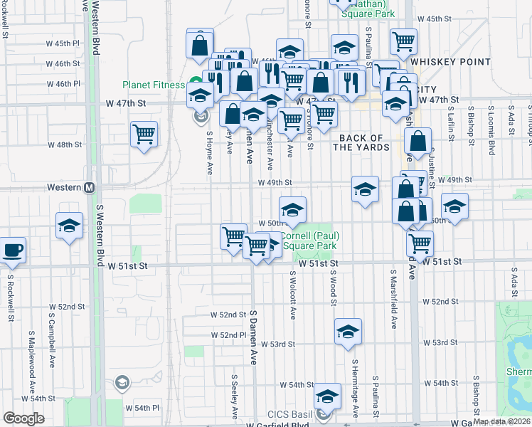 map of restaurants, bars, coffee shops, grocery stores, and more near 4946 South Winchester Avenue in Chicago