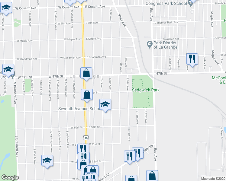 map of restaurants, bars, coffee shops, grocery stores, and more near 545 South 8th Avenue in La Grange