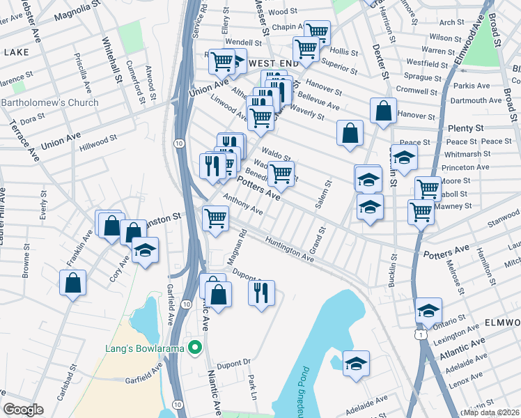 map of restaurants, bars, coffee shops, grocery stores, and more near 19 Anthony Avenue in Providence