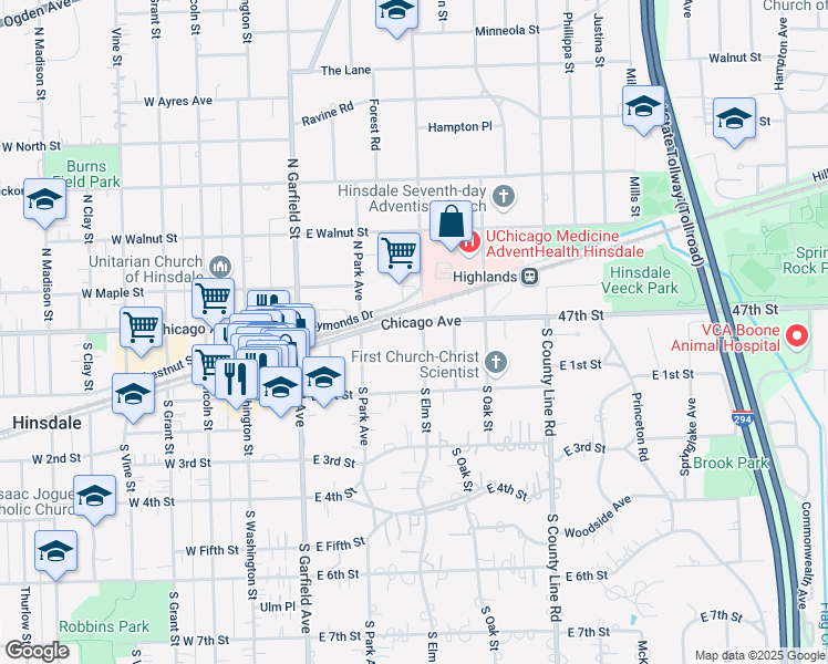 map of restaurants, bars, coffee shops, grocery stores, and more near 8 South Elm Street in Hinsdale