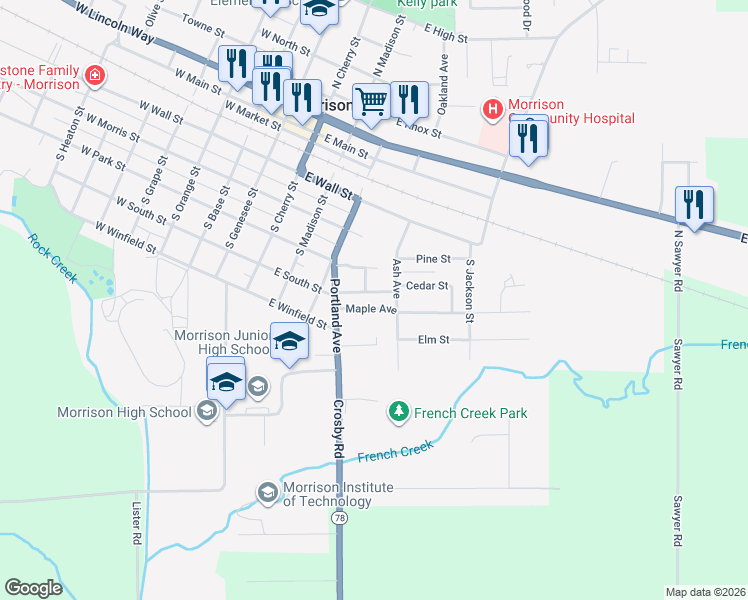 map of restaurants, bars, coffee shops, grocery stores, and more near 116 Maple Avenue in Morrison