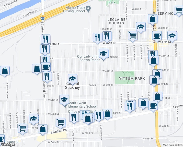 map of restaurants, bars, coffee shops, grocery stores, and more near 4904 Latrobe Avenue in Chicago