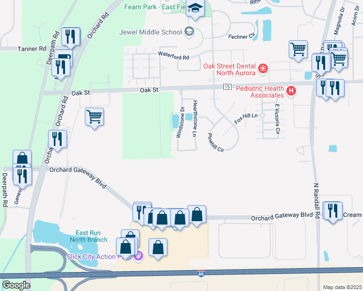 map of restaurants, bars, coffee shops, grocery stores, and more near 1585 Hearthstone in North Aurora