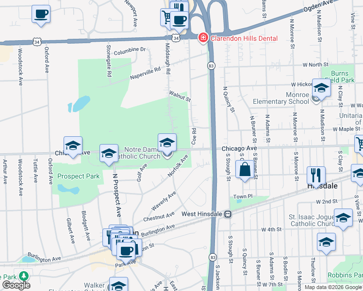 map of restaurants, bars, coffee shops, grocery stores, and more near 106 Chicago Avenue in Clarendon Hills