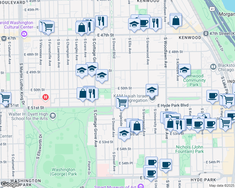 map of restaurants, bars, coffee shops, grocery stores, and more near 5019 South Drexel Boulevard in Chicago