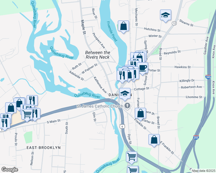 map of restaurants, bars, coffee shops, grocery stores, and more near 29 Maple Street in Killingly